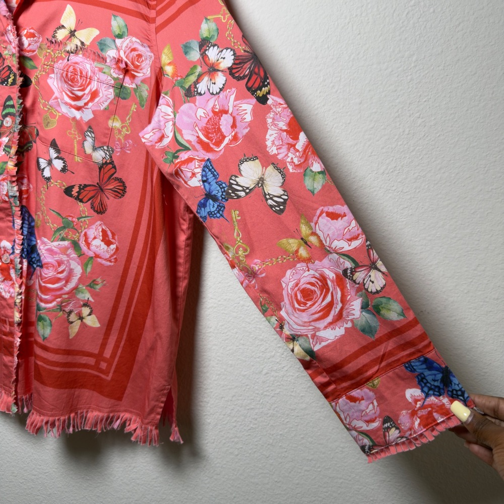 Ali Miles Womens 100% Cotton Button Up Shirt L Pink Floral Butterfly Fringe Trim - Picture 4 of 10
